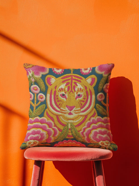 Square decorative throw pillow cover featuring a vibrant, maximalist illustration of a walking tiger surrounded by blooming pink peonies and green foliage. The design is set against a deep teal-charcoal background and mimics the texture of vintage hand embroidery with a faux-stitch printed effect. The style blends Junglecore, Chinoiserie, and Whimsigoth aesthetics. The fabric is a durable, linen-textured spun polyester. The tiger is orange, gold, and black; flowers are magenta pink.