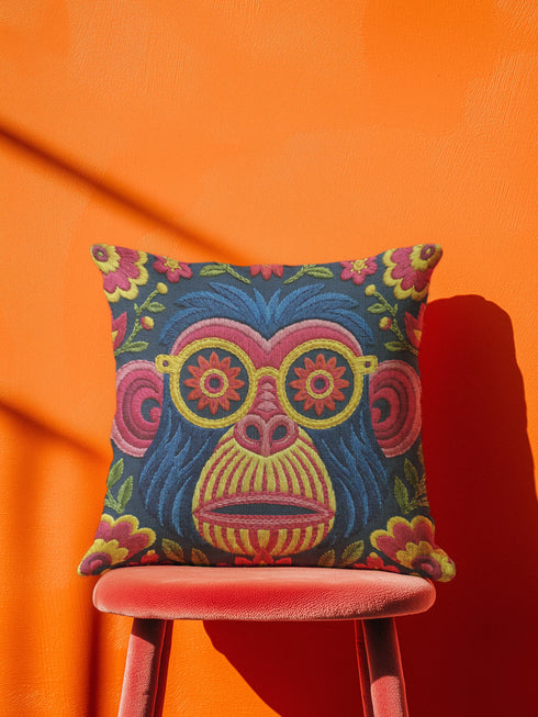 quare throw pillow cover with a faux embroidery 2D print of a stylized monkey face in large round yellow sunglasses with red flower lenses. The ape has electric blue fur with a hot pink brow and nose, on a navy background scattered with hot pink, yellow, and red flowers and green leaves. The print mimics raised stitching while staying flat and smooth, and shows on both sides. Cover only, available in 18 by 18 inch and 22 by 22 inch sizes.
