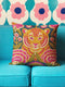 Square decorative throw pillow cover featuring a vibrant, maximalist illustration of a walking tiger surrounded by blooming pink peonies and green foliage. The design is set against a deep teal-charcoal background and mimics the texture of vintage hand embroidery with a faux-stitch printed effect. The style blends Junglecore, Chinoiserie, and Whimsigoth aesthetics. The fabric is a durable, linen-textured spun polyester. The tiger is orange, gold, and black; flowers are magenta pink.