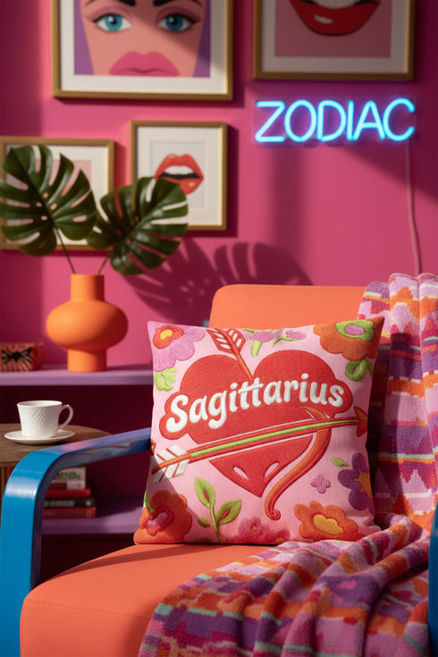 A square decorative throw pillow featuring a light pink background with a trompe-l'œil faux-embroidery print. A large red heart sits in the center, pierced by a green and white arrow. The word Sagittarius is printed across the heart in a puffy white retro font with a red drop shadow. The central design is surrounded by scattered vintage-style flowers in vibrant shades of purple, orange, and yellow with bright green leaves. The texture is a flat, high-fidelity printed illusion.