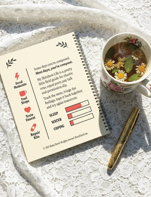 An 8.5 x 11 inch hardcover spiral-bound planner with a cream-colored cover featuring red and black folk art style floral illustrations. The cover reads "My Sh*tshow Life: A Field Guide" in a retro serif font. The planner has a durable satin matte laminated cover adhered to chipboard and a metal wire-o spiral binding available in gold or black. Interior pages are undated and include monthly and weekly layouts with sections for notes, to-do lists.