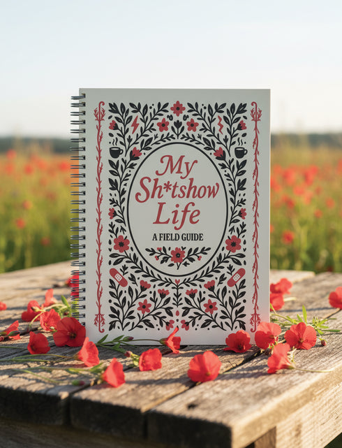 An 8.5 x 11 inch hardcover spiral-bound planner with a cream-colored cover featuring red and black folk art style floral illustrations. The cover reads "My Sh*tshow Life: A Field Guide" in a retro serif font. The planner has a durable satin matte laminated cover adhered to chipboard and a metal wire-o spiral binding available in gold or black. Interior pages are undated and include monthly and weekly layouts with sections for notes, to-do lists.