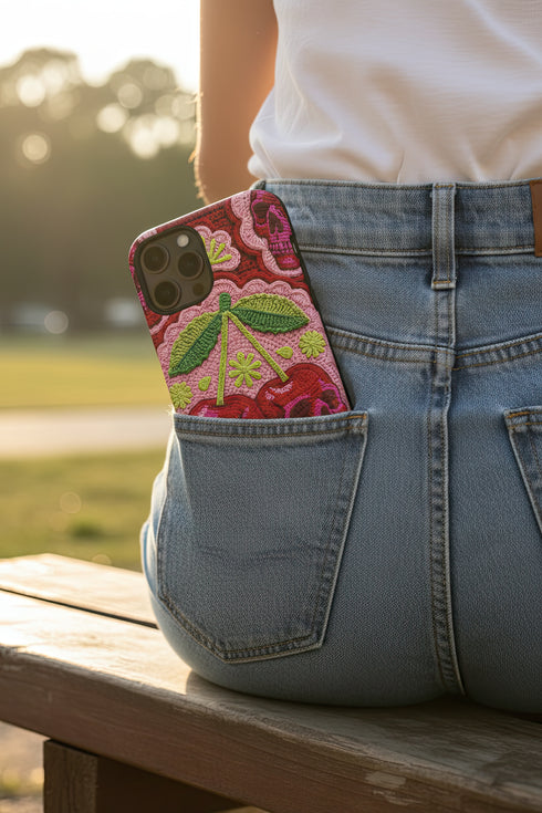Dual layer matte phone case with a high fidelity 2D print that creates a hyper realistic faux crochet and knit illusion. The central design shows two conjoined cherries styled as bright pink and burgundy human skulls with lime green stems and leaves. The background is a detailed scalloped lace doily pattern in hot pink, deep red, and lime green. Matte finish shell with a black inner TPU lining, precise camera cutout, and open ports. Pastel goth macabre alt fashion phone accessory, made to order.
