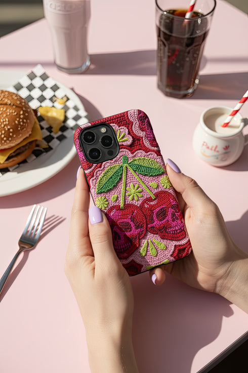 Faux Crochet Cherry Skull Phone Case | Pastel Goth Macabre Matte Cover