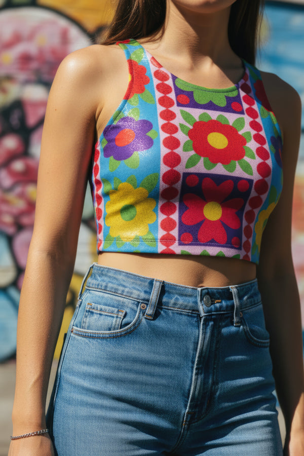 A high-resolution product photo of a body-hugging, 2D printed crop top with a 1970s-inspired floral patchwork pattern. The design consists of vibrant squares in cobalt blue, pale lavender, and deep violet, separated by pink borders with red dots. Central motifs include yellow daisies with orange centers and green-magenta floral mandalas. The top is made of a smooth, high-stretch performance knit fabric with curved back armholes and a cropped waistline.