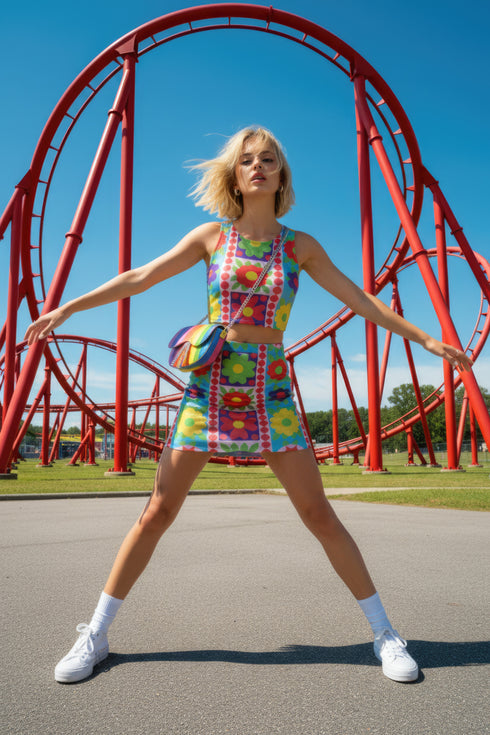A high-resolution product photo of a body-hugging, 2D printed crop top with a 1970s-inspired floral patchwork pattern. The design consists of vibrant squares in cobalt blue, pale lavender, and deep violet, separated by pink borders with red dots. Central motifs include yellow daisies with orange centers and green-magenta floral mandalas. The top is made of a smooth, high-stretch performance knit fabric with curved back armholes and a cropped waistline.