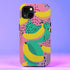Vibrant retro phone case featuring bold yellow bananas and teal circles with black polka dots on bright pink purple background. Psychedelic fruit pattern protective phone cover with groovy 70s aesthetic perfect for iPhone Samsung Galaxy Pixel models. Colorful maximalist design with Memphis style geometric shapes dotted texture trendy tech accessory.