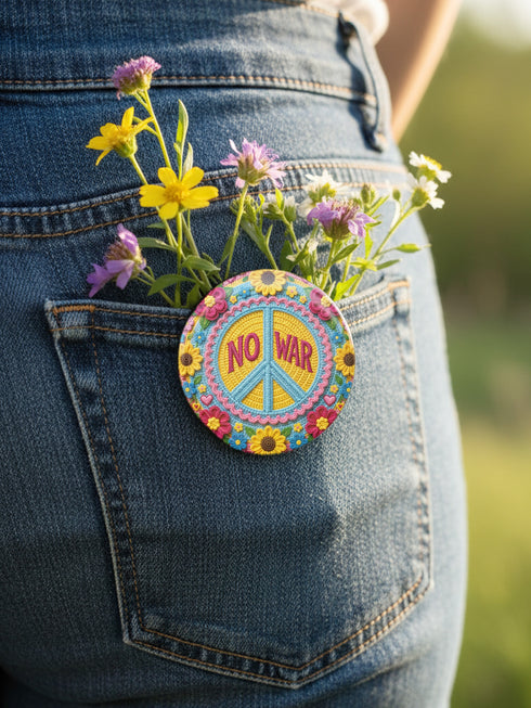 A circular folk art style 2.25 inch metal pinback button with a high-gloss finish. The design features a "NO WAR" text in magenta pink over a vibrant primrose yellow center with a sky blue peace sign motif. The design uses a "Trompe-l'œil" printed illusion to mimic embroidery and crochet stitching. The central medallion is surrounded by a scalloped pink ring and an outer ring of sunflowers. The back of the button is a durable silver metal tinplate with a secure safety pin fastening mechanism.