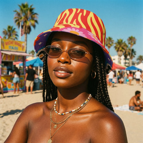 A reversible bucket hat with two distinct sides. Side one features a red and yellow zebra pattern with large pink and orange daisies. Side two has a deep purple background with white stars, rainbow scalloped bands in blue, green, and orange, and retro black and white flowers. The fabric has a visible textured linen weave. The hat is shown in a structured, professional studio shot against a white background, highlighting its 100% polyester durability.