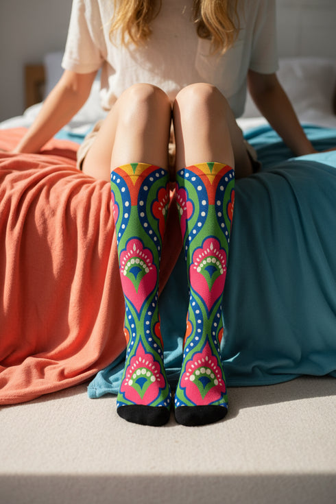 Crew-length socks featuring a vibrant 70s psychedelic pattern on a dark emerald green background. The design consists of vertical symmetrical medallions with hot pink scalloped edges, royal blue interior teardrops, and safety orange accents at the top ribbing. Fine white and light blue pointillist dots outline the major shapes. The heel and toe are solid black and reinforced. The fabric is a smooth. The pattern is maximalist and colorful, showcasing a retro aestheti.