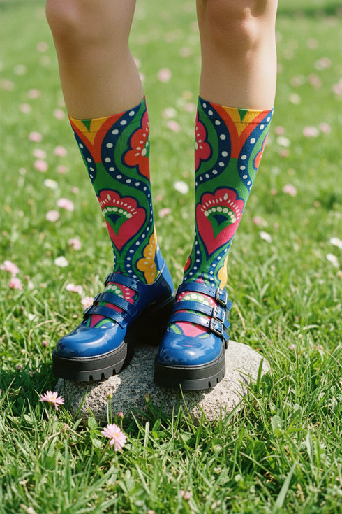 Crew-length socks featuring a vibrant 70s psychedelic pattern on a dark emerald green background. The design consists of vertical symmetrical medallions with hot pink scalloped edges, royal blue interior teardrops, and safety orange accents at the top ribbing. Fine white and light blue pointillist dots outline the major shapes. The heel and toe are solid black and reinforced. The fabric is a smooth. The pattern is maximalist and colorful, showcasing a retro aestheti.