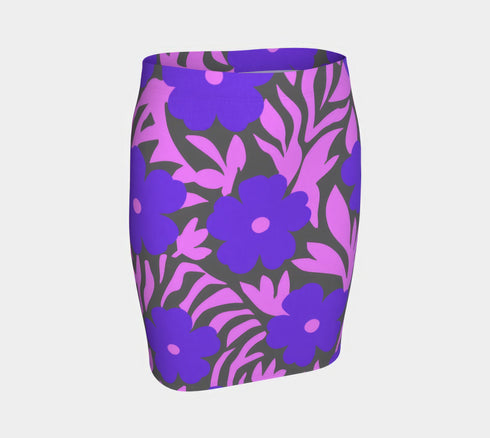 High waisted mini skirt with bold purple and pink floral print in a vibrant, maximalist style. Features a sculpted, body-hugging fit with a 1.5-inch elastic waistband that sits comfortably at the natural waist. Made from eco polyester and spandex blend that is stretchy, quick-drying, odor-resistant, and includes UPF 50 UV protection. Available in standard or glittery metallic finish in sizes S to XL.