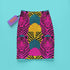 High-waisted mini skirt with bold psychedelic tiger print in hot pink, teal, yellow, and black. Features a form-fitting pencil silhouette with an elastic waistband. Available in eco-poly performance or glitter finish. Unique maximalist style for festivals, summer parties, or rave fashion. Sizes S–XL.