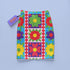 Form-fitting bodycon mini skirt with a mid-rise elastic waistband, falling to mid-thigh in smooth stretch fabric. It features a bold retro patchwork floral print: large mod daisies in red, purple, yellow, and green, set on a sky blue background with scattered green leaves. A central column frames single flowers on purple and pink tiles, edged by red and pink beaded borders. The all-over design is a flat dye-sublimated print, available in a smooth knit or glitter knit finish.