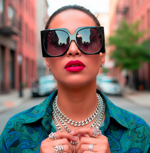 Oversized mod square sunglasses with chunky frames and gradient polycarbonate lenses, providing UV400 protection. Fashion shades in three colorways—gloss black, classic tortoise, and translucent orange—styled in a retro 70s, Jackie-O inspired silhouette. Lightweight, comfortable fit for everyday wear, festivals, and street style. Statement sunglasses by Honey Dazed for alt, maximalist fashion lovers.