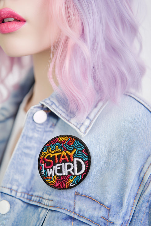 A round embroidered patch with a black background featuring the phrase “STAY WEIRD” in bold, multicolored lettering. "STAY" is stitched in a gradient of red, orange, and yellow, while "WEIRD" is in white. Surrounding the text are wavy, neon-like lines in blue, pink, yellow, and orange, creating a vibrant, psychedelic effect. The patch has a thick black border and is designed for iron-on or sew-on application, making it perfect for jackets, backpacks, denim, and accessories.