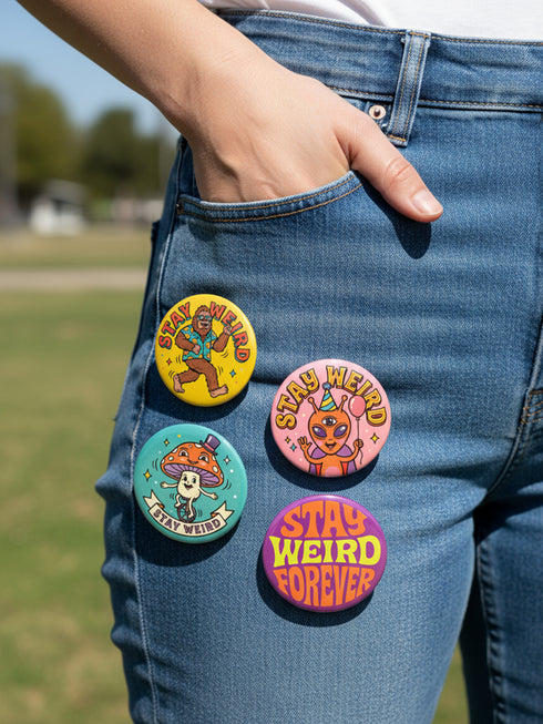 Set of 4 bright retro pinback buttons 2.25 inch. 1: Yellow button with cartoon Bigfoot in blue Hawaiian shirt and sunglasses striding under "Stay Weird" text. 2: Pink button with orange three-eyed alien in party hat holding a balloon. 3: Teal button with smiling mushroom in top hat riding a unicycle with "Stay Weird" banner. 4: Purple button with orange and yellow psychedelic 70s font reading "Stay Weird Forever." High gloss finish metal pins for backpacks, jackets, and weirdcore gifts.