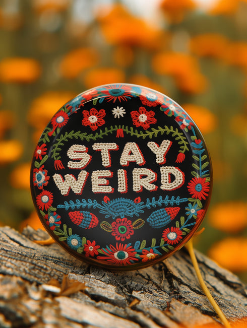 Stay Weird" black pinback button with pearl-effect lettering surrounded by folk art flowers in red and turquoise on a dark background.