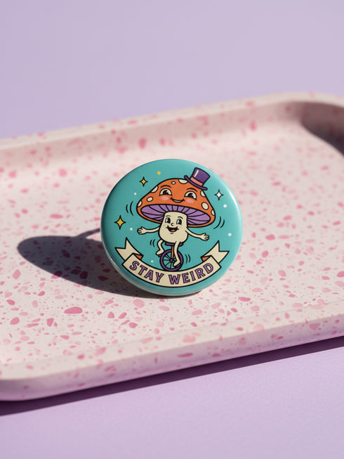 Kidcore Stay Weird Pinback Button Set - Retro Bigfoot Alien Mushroom Badge - Weirdcore Cryptid Gift