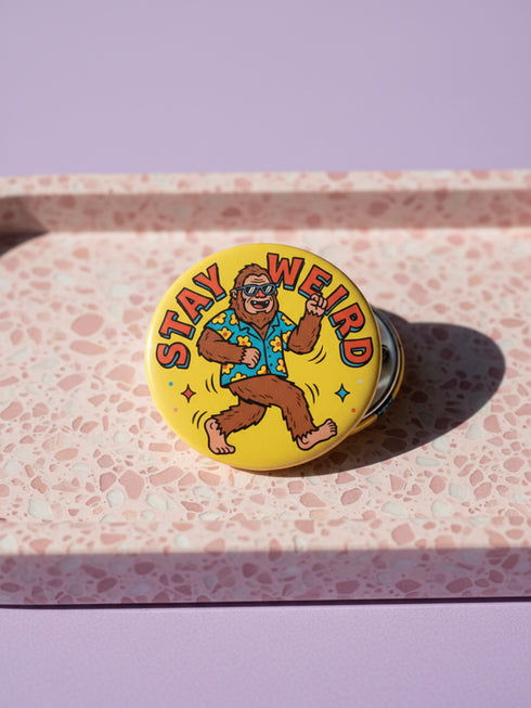 Kidcore Stay Weird Pinback Button Set - Retro Bigfoot Alien Mushroom Badge - Weirdcore Cryptid Gift