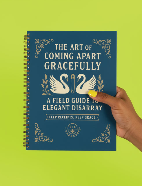 An 8.5 x 11 hardcover spiral planner with a durable satin-matte finish. The front cover is a deep navy blue, featuring elegant cream-colored text and vintage-style illustrations of two swans. A sturdy gold metal wire-o spiral binds the planner on the right side. This undated weekly and monthly goal organizer serves as a motivational journal for women, a self-care tracker, and a funny office supply. The celestial swan design gives it a unique, 70s retro aesthetic for organization.