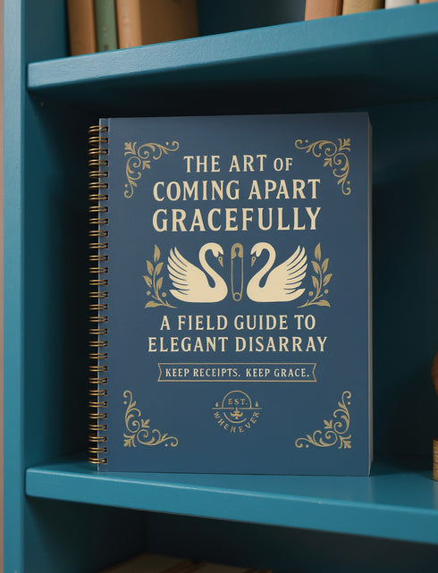 An 8.5 x 11 hardcover spiral planner with a durable satin-matte finish. The front cover is a deep navy blue, featuring elegant cream-colored text and vintage-style illustrations of two swans. A sturdy gold metal wire-o spiral binds the planner on the right side. This undated weekly and monthly goal organizer serves as a motivational journal for women, a self-care tracker, and a funny office supply. The celestial swan design gives it a unique, 70s retro aesthetic for organization.