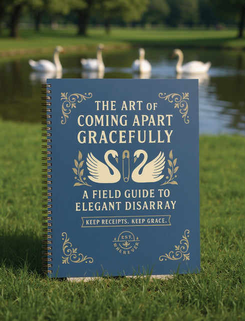 An 8.5 x 11 hardcover spiral planner with a durable satin-matte finish. The front cover is a deep navy blue, featuring elegant cream-colored text and vintage-style illustrations of two swans. A sturdy gold metal wire-o spiral binds the planner on the right side. This undated weekly and monthly goal organizer serves as a motivational journal for women, a self-care tracker, and a funny office supply. The celestial swan design gives it a unique, 70s retro aesthetic for organization.