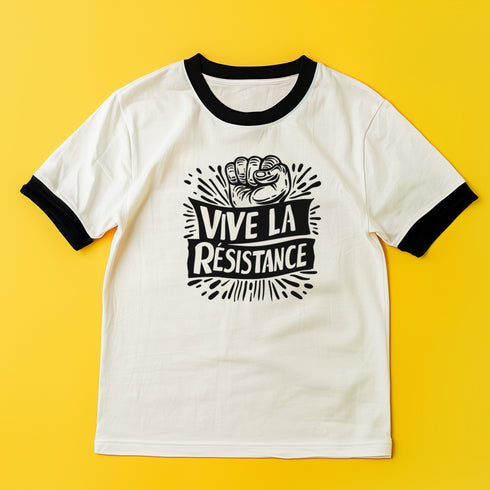 White and black ringer tee with a bold “Vive La Résistance” graphic, featuring a raised fist illustration and a vintage protest style.