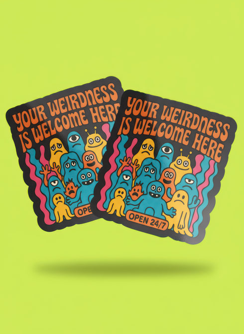 Retro Monster Sticker - 70s Groovy Decal showcases colorful monster art with quirky cartoon creatures and retro lettering, promoting self-acceptance. Ideal for laptops or planners, it's perfect for those embracing individuality and neurodiversity.