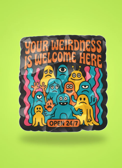 Retro Monster Sticker - 70s Groovy Decal | Colorful Monster Art for Self Acceptance. Features cartoonish monsters and YOUR WEIRDNESS IS WELCOME HERE. Ideal for laptops, planners; perfect mental health gift for self-expression, neurodiversity, and individuality.