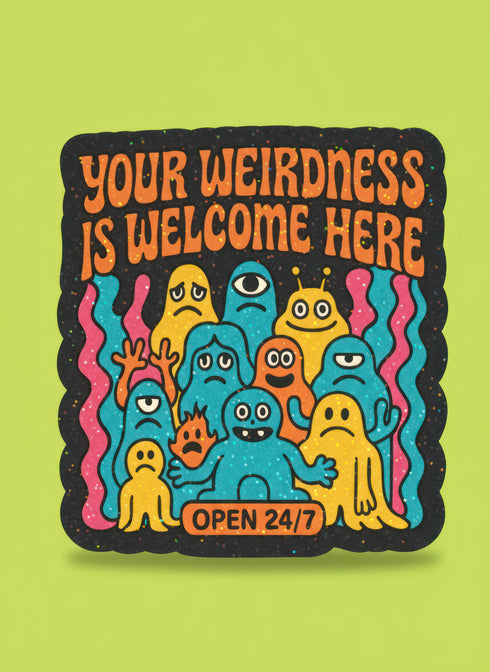 Retro Monster Sticker - 70s Groovy Decal features vibrant, quirky creatures promoting self-acceptance and neurodiversity. Ideal for laptops, it's a unique, expressive gift for those embracing individuality, perfect for mental health awareness.