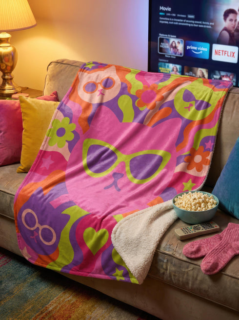 A rectangular velveteen minky blanket with a bright, retro pop art design. The top features a large, hot pink cat head wearing lime green sunglasses in the center. Swirling psychedelic background rays in vibrant orange, purple, and lime green radiate outward. Four smaller cat heads in peach, green, and purple, also wearing glasses, sit in the corners alongside retro flowers, stars, and a lime green heart. The reverse side is a fluffy off-white sherpa fleece.