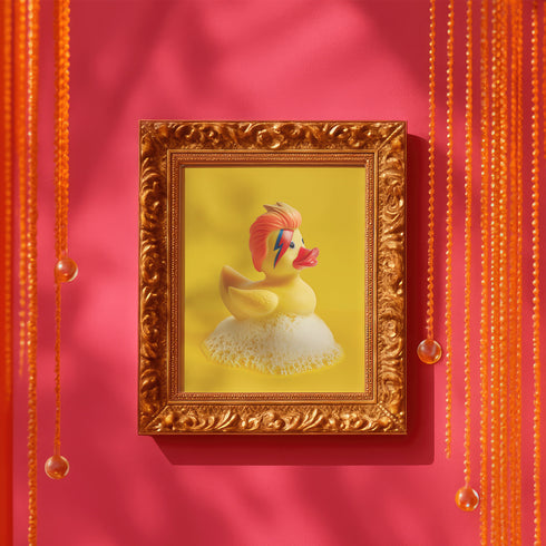 A retro-inspired print featuring a rubber duck styled after David Bowie’s Ziggy Stardust, complete with orange-red mullet and signature lightning bolt face paint. Surrounded by white bubbles, the piece is framed in soft purple and set on a wavy psychedelic wall in pink and orange.