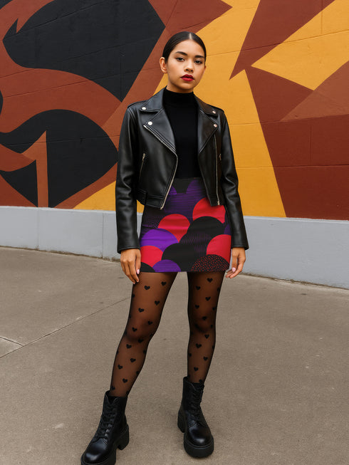 A young woman wearing a black leather jacket, a patterned skirt, and black boots stands in front of a colorful mural.