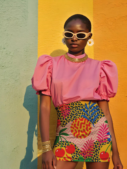 A woman wearing a pink puffy top, sunglasses, and a colorful skirt stands against a vibrant yellow and green striped wall.