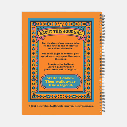 Undated weekly planner with hardcover and metal wire-o spiral binding options in black or gold. Cover features retro pop art illustration of a three-eyed woman crying while holding wine and tissues, with text Scheduled Hysteria. Vibrant orange background with psychedelic blue and purple patterns. Open planner shows flexible weekly layout on high-quality 60lb paper. Lays flat for easy writing. Ideal for ADHD organization, funny mental health gifts, and maximalist desk decor. Satin matte finish.