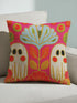 A square decorative pillow case with a premium linen-feel texture. The design features a vibrant hot pink background with a symmetrical 70s retro floral pattern in orange, olive green, and light blue. Centered in the design are two cute, white cartoon ghosts with black oval eyes and round, rosy pink cheeks. The pillow cover has a clean, modern look with crisp edges, showcasing the colorful and whimsical print that blends spooky cute and groovy vintage aesthetics.