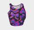 Honey Dazed Brand body-hugging racerback crop top featuring Y2K-inspired print with purple gradient cherries, holographic bows, and swirling patterns in pink, purple, and blue on black background in performance knit fabric