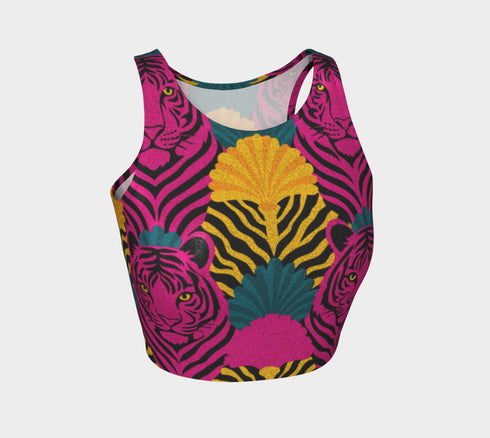 Vibrant Y2K maximalist crop top featuring bold pink tiger faces, tropical leaves, and geometric patterns in bright magenta, yellow, teal, and black colors. Perfect festival rave wear, alternative fashion, and retro summer styling for women who love aesthetic streetwear and unique animal print outfits