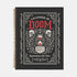 An 8.5 x 11 inch black hardcover spiral planner with a durable satin matte laminated finish. The front cover features a vintage-style white ornamental border, creating a gothic, macabre aesthetic. Inside the frame, the title "Calendar of Doom" is printed in an antique serif font. This undated weekly and monthly agenda is shown with a metal wire-o spiral binding on the right side. The design uses a black, white, and red color scheme, making it a unique piece of dark humor stationery