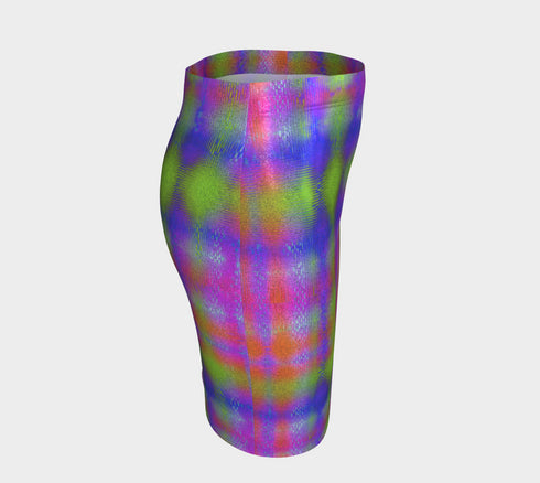 Bodycon Fitted Skirt - Neon Plaid Mini with Elastic Waist & Black Light Reactive Fabric