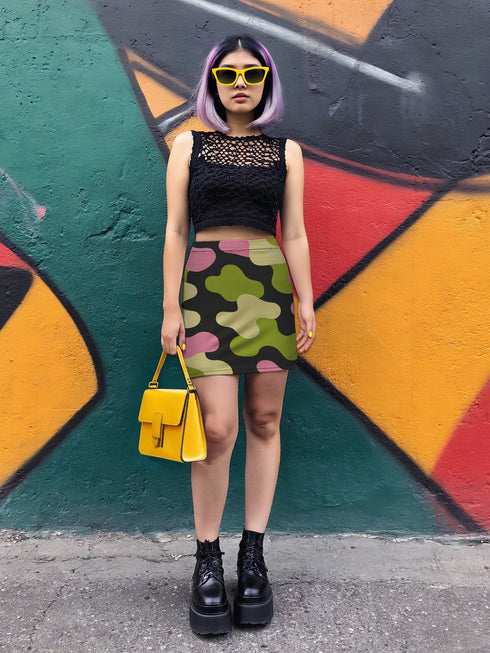 Honey Dazed bodycon mini skirt with abstract camo-inspired shapes in green, pink, black, and sage. The design mimics camouflage blobs with an amoeba-like twist in a high-waisted, stretchy silhouette. Made from eco-friendly performance fabric, this skirt is festival-ready, weirdcore-approved, and dance-floor durable. A subversive, soft-meets-tactical piece that blends retro rave energy with streetwear defiance.
