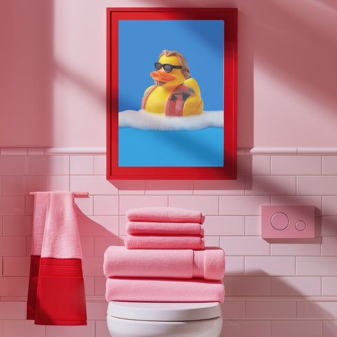 A quirky art print of a rubber duck styled after The Dude from The Big Lebowski, complete with a goatee, sunglasses, and plaid bathrobe. The duck lounges in bubbles, framed in a glossy red frame, with a manicured hand adjusting it against a monochromatic red backdrop.
