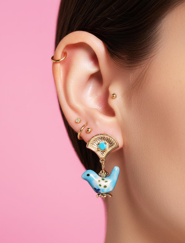 Porcelain Cottagecore Bird Earrings with 14k Gold Plated Zircon - Folk Art Ceramic Jewelry