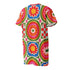 Short sleeve crew neck t-shirt dress on a cream background with an allover retro mod flower medallion print. Bold 60s daisies in red, yellow, and white sit at the center of concentric rainbow rings in lime green, hot pink, orange, and royal blue, with small magenta squares and tiny red checkerboard accents between the motifs. Above-the-knee straight fit silhouette in a 95 percent cotton, 5 percent elastane heavyweight stretch blend. Groovy retro flower power dress for dopamine dressing and easy summer outfi