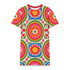 Short sleeve crew neck t-shirt dress on a cream background with an allover retro mod flower medallion print. Bold 60s daisies in red, yellow, and white sit at the center of concentric rainbow rings in lime green, hot pink, orange, and royal blue, with small magenta squares and tiny red checkerboard accents between the motifs. Above-the-knee straight fit silhouette in a 95 percent cotton, 5 percent elastane heavyweight stretch blend. Groovy retro flower power dress for dopamine dressing and easy summer outfi