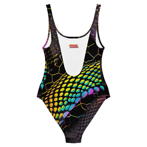 Holographic snake scale one-piece swimsuit featuring hexagon pattern with electric green, purple and blue scales on black background. Cheeky cut with scoop neck and low back design. Alternative gothic swimwear perfect for festivals, raves, beach parties. Available XS-3X, UPF 50+ protection with moisture-wicking fabric.