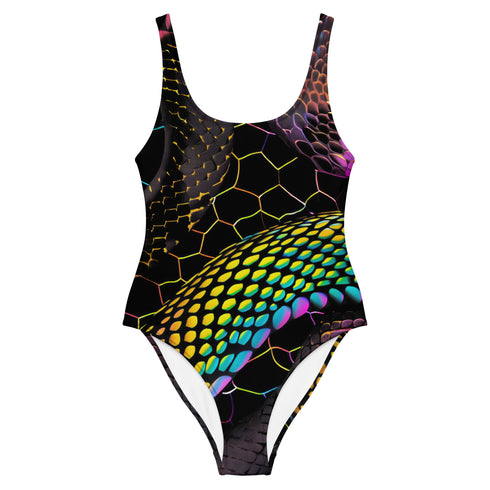 Holographic snake scale one-piece swimsuit featuring hexagon pattern with electric green, purple and blue scales on black background. Cheeky cut with scoop neck and low back design. Alternative gothic swimwear perfect for festivals, raves, beach parties. Available XS-3X, UPF 50+ protection with moisture-wicking fabric.