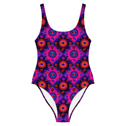 Bold patterned one-piece swimsuit with retro evil eye floral design, styled in festival-ready outdoor settings. Swimsuit features a scoop neckline, cheeky fit, and low scoop back. Ideal for summer vacations, pool parties, raves, and alt girl fashion. Made from stretchy, moisture-wicking fabric with UPF 50+ protection. Available in sizes XS to 3X. Colorful, statement swimwear designed for confident, maximalist style lovers.