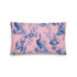 Luxury throw pillow cover featuring a gothic toile pattern in deep blue on a soft pink background, with skeletal figures, peacocks, and floral motifs.